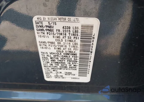 2015 Nissan Rogue Select S z USA, uszkodzony, nr VIN JN8AS5MT2FW157006